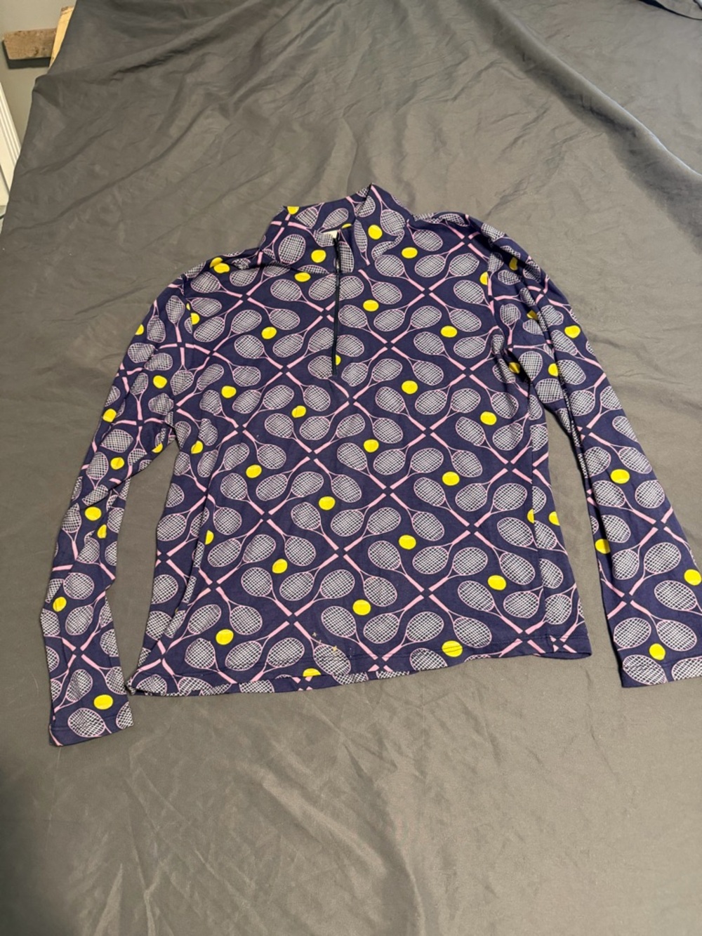 Long Sleeve Women's Tennis-Print Tee in Navy and Yellow - Picture 1 of 3